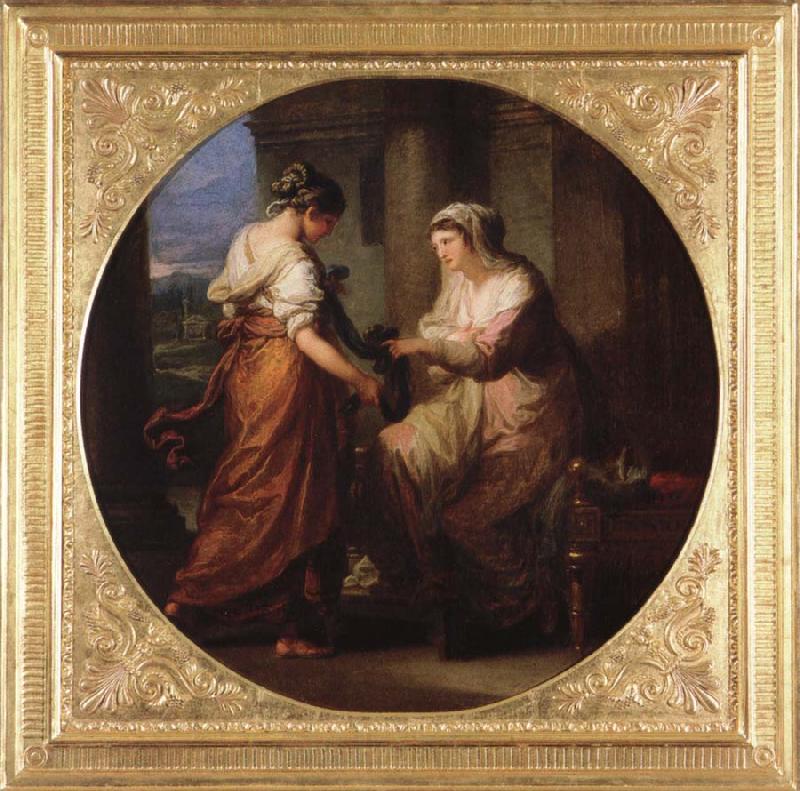 Angelika Kauffmann Elektra gibt ihre Schwester Chyrsothemis ihren Gurtel und die Locken des Orest fur das Grab Des Agamemnon Spain oil painting art